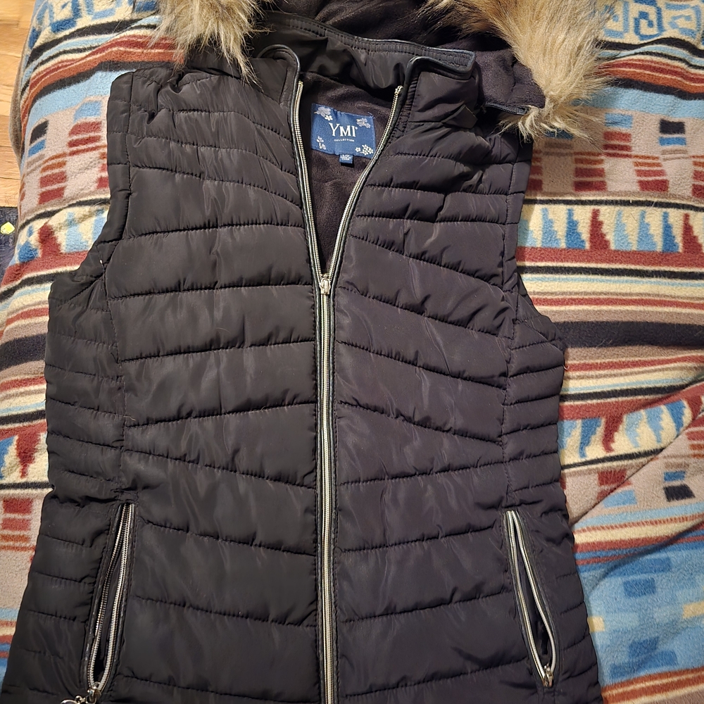 YMI Dark Quilted Vest with Faux Fur Collar